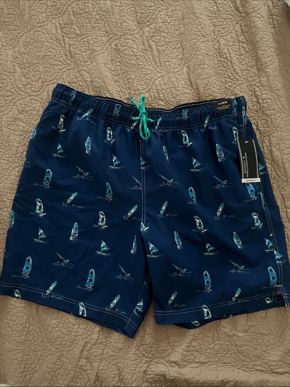 Roundtree & Yorke Navy Swim Trunks with Teal Drawcord